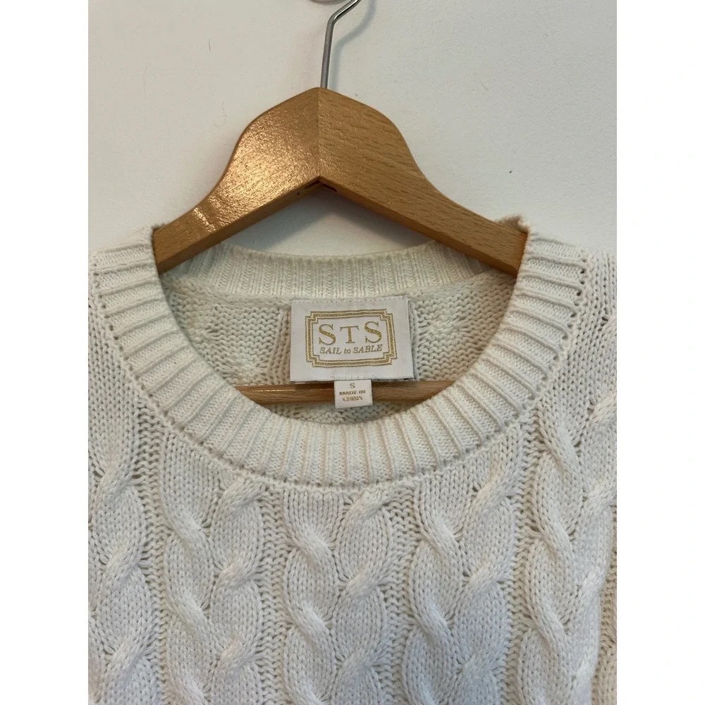 Sail to Sable Cream White Cable Knit Crew Neck Sweater | Size Small - Picture 3 of 7